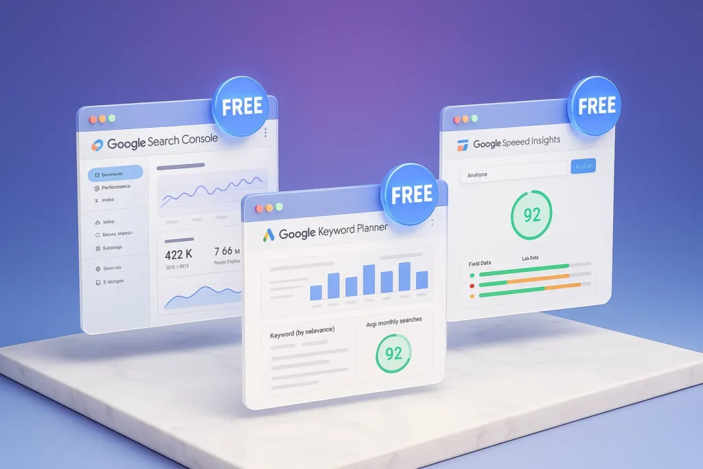 Does SEO Cost Money? The Ultimate Guide to Free vs Paid SEO in 2025 3 3D illustration of free SEO tools including Google Search Console, Keyword Planner, and PageSpeed Insights with glowing 'FREE' badges on a marble platform, visualizing tools that answer the question 'does SEO cost money