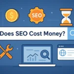 Visual concept asking ‘Does SEO Cost Money’ with symbols of SEO tools, money, and time in a modern tech layout