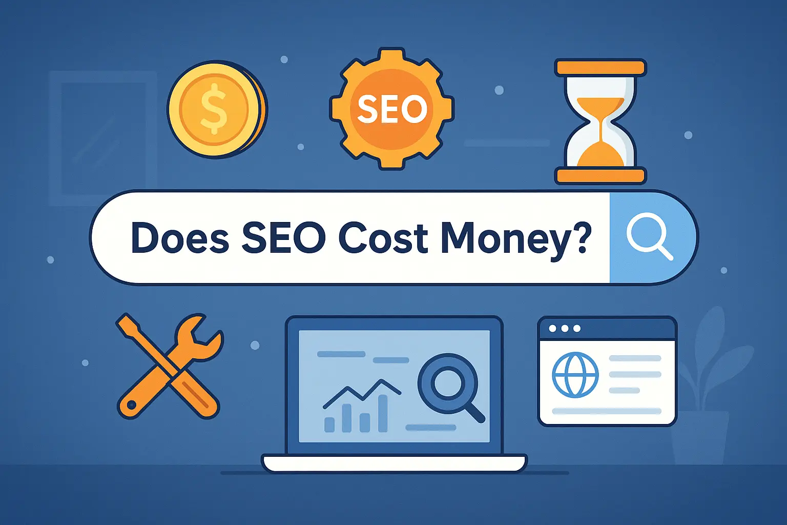 Visual concept asking ‘Does SEO Cost Money’ with symbols of SEO tools, money, and time in a modern tech layout