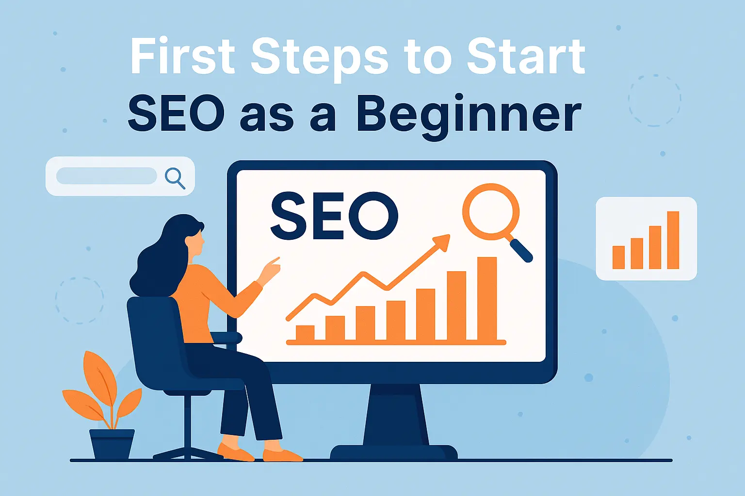 First steps to start SEO as a beginner – featured banner showing SEO tools and screen analysis