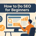 How to Do SEO for Beginners: Digital illustration showing a person optimizing a website with floating SEO icons like magnifying glass, chart, gear, and globe