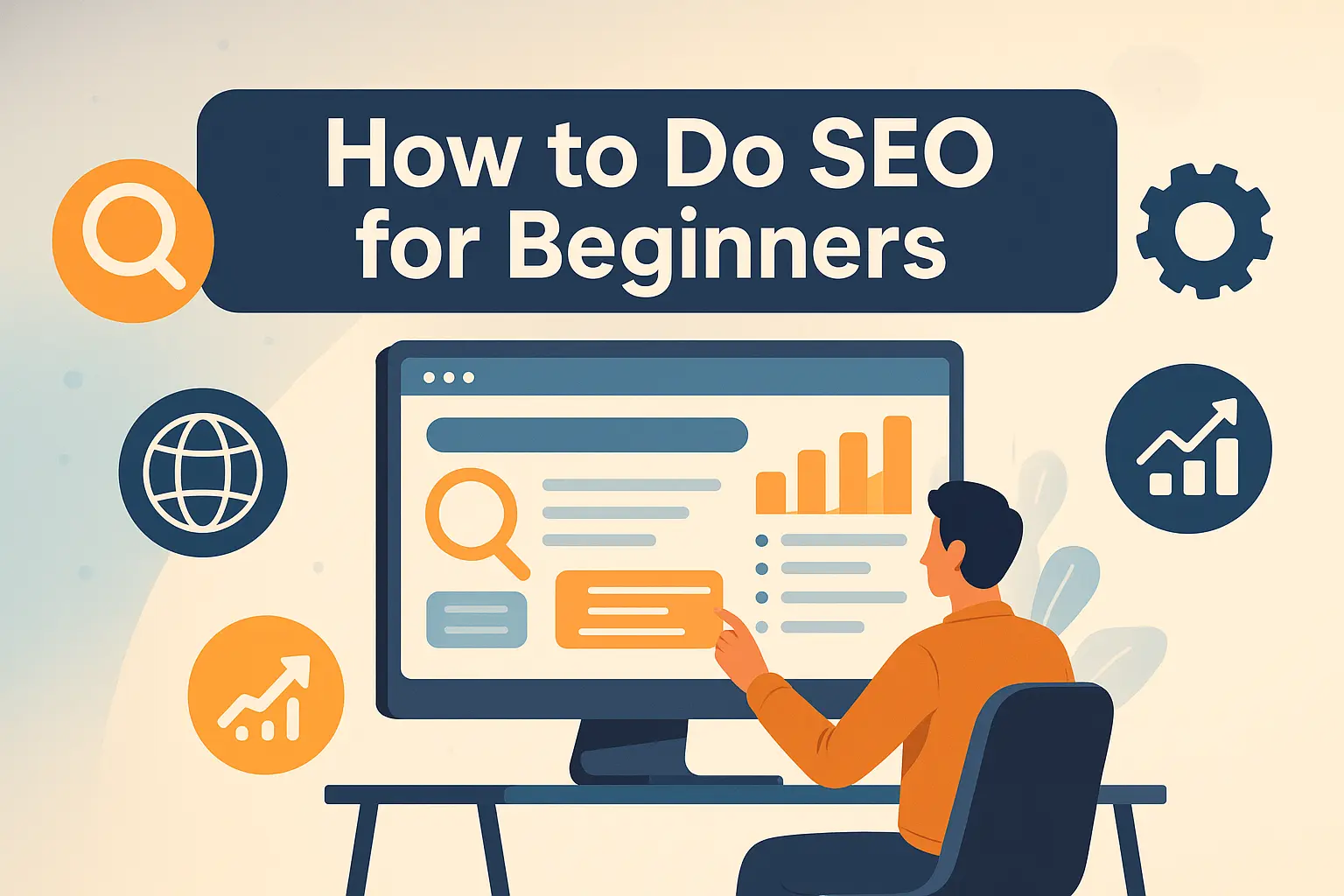 How to Do SEO for Beginners: Digital illustration showing a person optimizing a website with floating SEO icons like magnifying glass, chart, gear, and globe