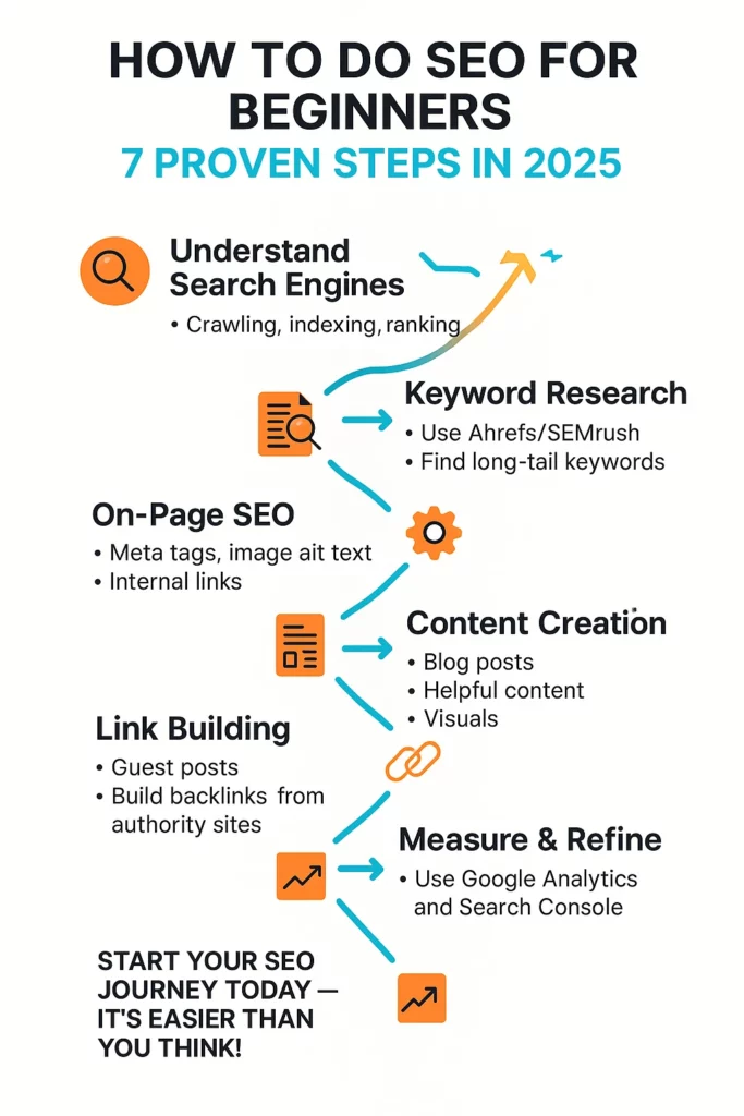 Infographic showing how to do SEO for beginners in 2025 with 7 key steps like keyword research, on-page SEO, content creation, and link building