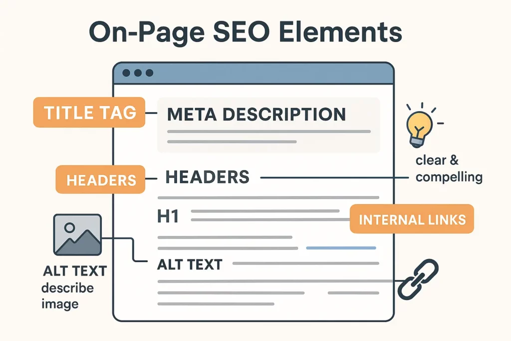 How to Do SEO for Beginners: Key on-page SEO elements like titles, headers, alt tags, and internal links