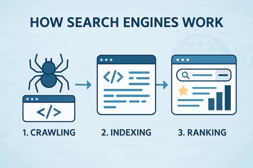 How to Do SEO for Beginners: Visual explanation of search engine crawling, indexing, and ranking process