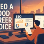 Modern SEO workspace with dashboards and analytics, showing the title “Is SEO a Good Career Choice
