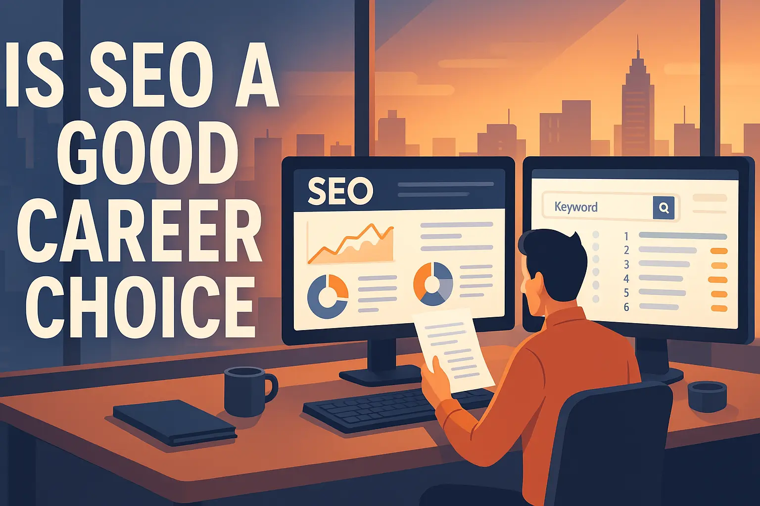 Modern SEO workspace with dashboards and analytics, showing the title “Is SEO a Good Career Choice