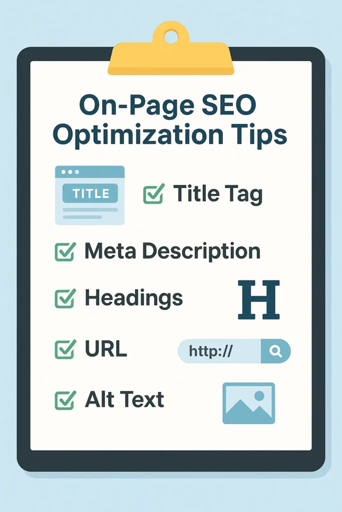Simple & Effective First Steps to Master SEO as a Beginner 3 On-page SEO checklist for beginners with title, meta, URL, headings, and alt text tips