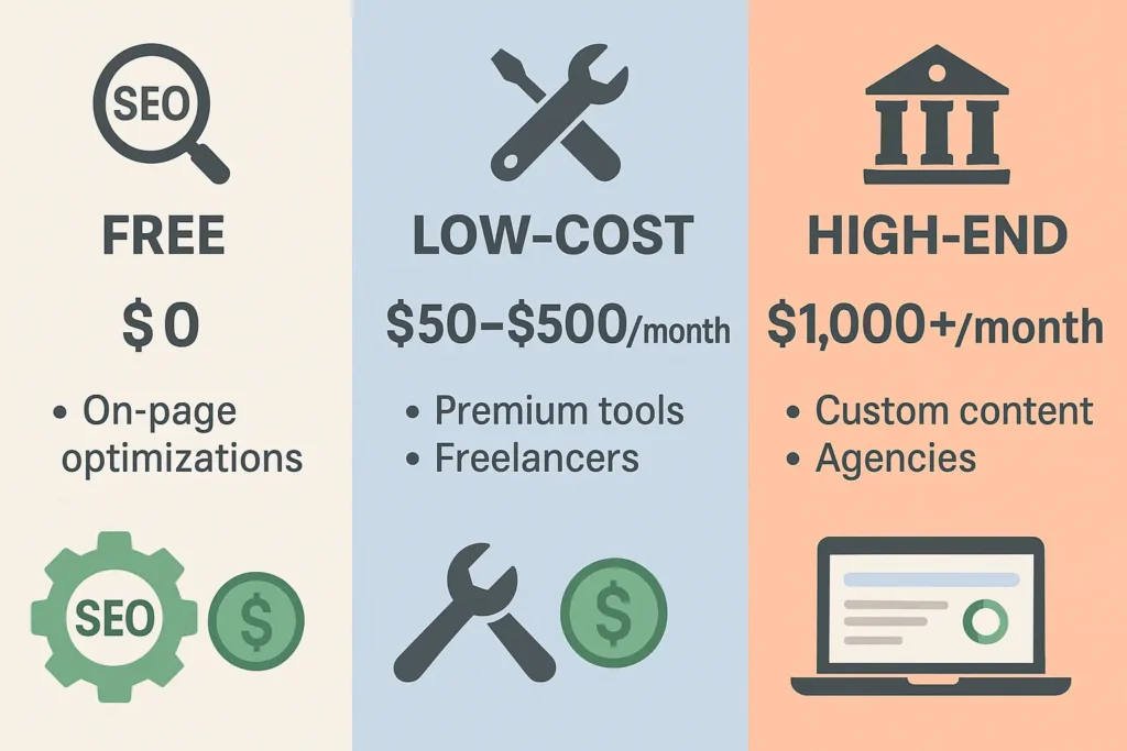 Does SEO Cost Money? The Ultimate Guide to Free vs Paid SEO in 2025 2 Does SEO Cost Money: Infographic comparing free, low-cost, and high-end SEO services with pricing and features