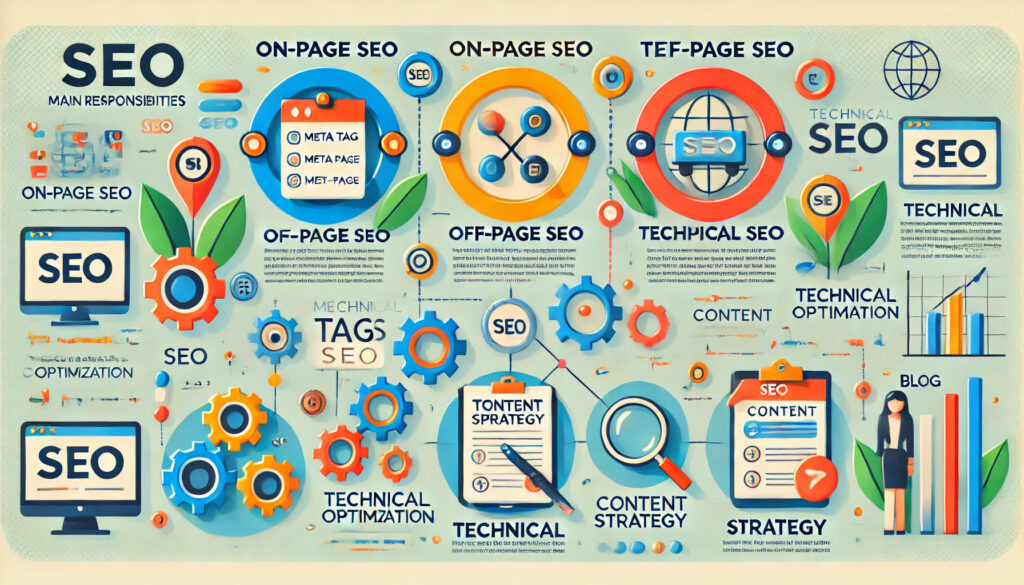 Visual breakdown of SEO career responsibilities like keyword research, link building, and technical SEO.