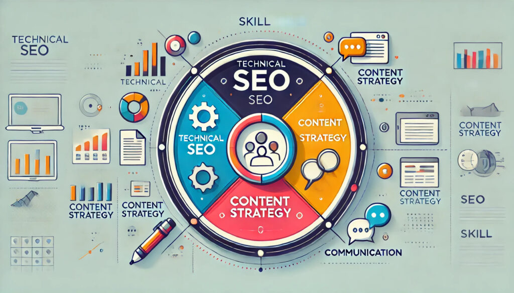Essential skills to succeed in SEO career — technical knowledge, content strategy, communication.
